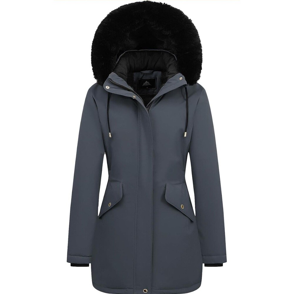 Women's 3X Dark Grey Long Winter Down Coat Thicken Fleece Lined Parka Warm B24